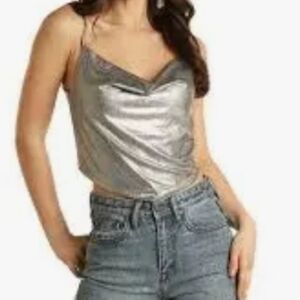 Rock And Roll Denim Silver Holographic Drapped Cropped Cami Tank Size Large New